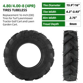 AR-PRO (2-Pack) 4.80/4.00-8 Tires Tubeless, 4.80-8 4.00-8 (4PR) Tractor Tread Lawn Mower Tires, Replacement 16-Inch (OD) Tires for Turf Lawnmower Tractor Golf Cart and Lawn Garden Cart
