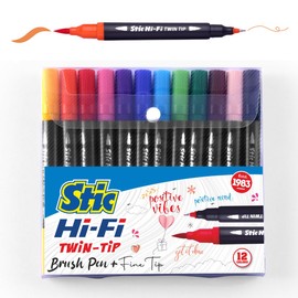 STIC 12 Brush Dual Tip Pens Fineliner Art Markers Doodle Acrylic Alcohol Coloring Soft Professional Set Assorted Sketch Colors Micro Doodling Calligraphy Lettering Anime (Multicolor)
