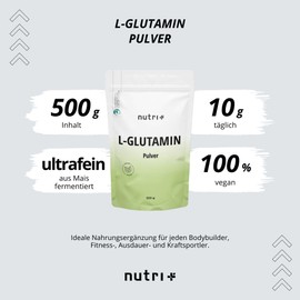 Nutri + L-Glutamine Pulver Pure 1 kg - 100% rein - hochdosiert ohne Zusatzstoffe - Vegan - L-Glutamin Powder - laborgeprüft - glutenfrei