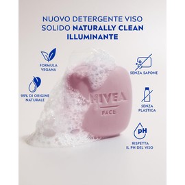 NIVEA NATURALLY CLEAN Detergente Viso Solido Illuminante 75 g, Detergente solido 99% naturale con Vitamina E ed Estratto di Rosa, Detergente naturale con formula vegana