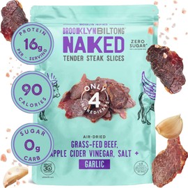 Brooklyn Biltong Steakhouse, Garlic Naked Tender Slices (2oz, Pack of 2), Grass Fed Beef Protein Snacks, 32g Grass Fed Protein Per Pack, Beef Jerky Alternative – Sugar Free, Gluten Free, Paleo Snacks, Keto