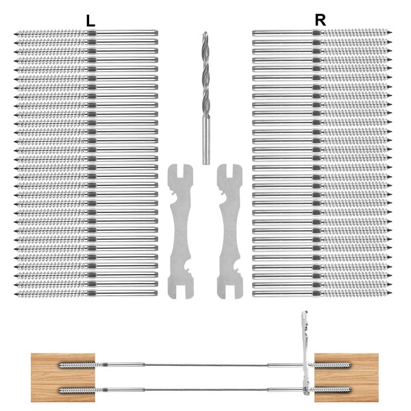 WMLBK 60PCS T316 Stainless Steel Right&Left Handed Cable Railing Kit - 1/8" Thread Swage Lag Screws - DIY Wood Baluster Kit with 2 Wrenches and a Drill