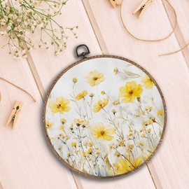 Hxlac Yellow Flower Round Wall Art Framed, Vintage Wildflower Round Wall Decor, Yellow Floral Cottagecore Canvas Prints for Farmhouse Home Bedroom Living Room Decor, 10x10 Inch