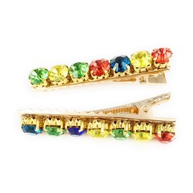 2 crystal barrettes metal alligator hair clips 2 1/8 inches long multi color faceted gems set of 2