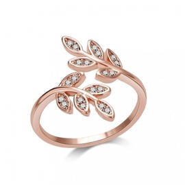 Philip Jones Rose Gold Plated Adjustable Leaf Ring Created with Zircondia® Crystals