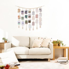Mkono Macrame Hanging Photo Display Boho Wall Decor, Wooden Beads Garland Picture Card Collage Frame Holder with 45 Clips for Bedroom Living Room Dorm Teen Teenage Girls Gifts