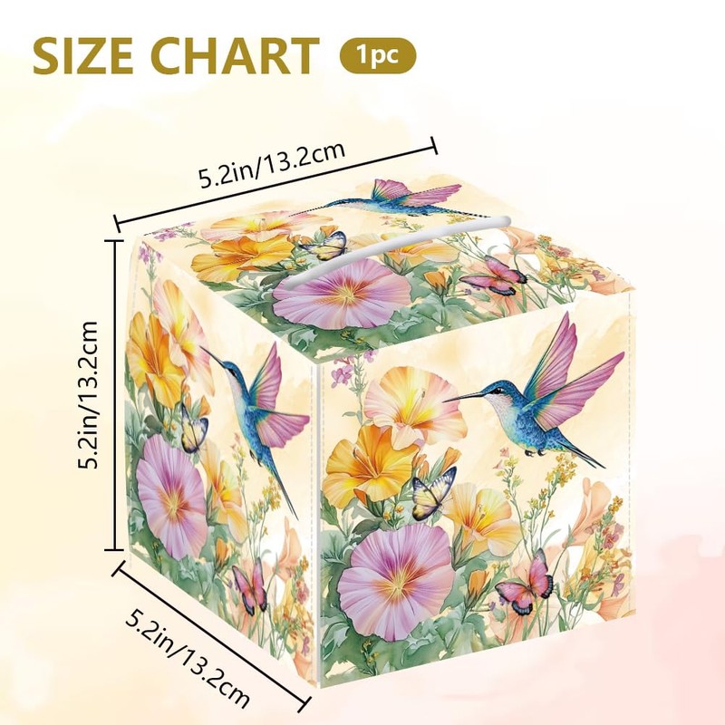 DELORIGIN Flowers Tissue Box Holder, Hummingbird Square Tissue Box Cover