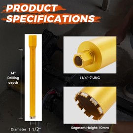 DaduoRi 1 1/2 Inch Wet Core Drill Bit, 1.5" Core Bits for Concrete, 14" Drilling Depth, 1-1/4"-7 Thread Diamond Core Drill for Cured Concrete, Hard Masonry, Brick, Solid Cement, Stucco, Stone (38mm)