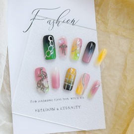 LARSOOY Nails Handmade Press on Nails Middle Long Square | Handmade Nails with Multicolored Stripes | Reusable fake Nails with Unique Designs | False Nails 10 Pcs (Overturned Palette, L)