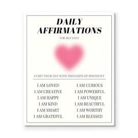 Valentine's Day Canvas Wall Art Decor - "Daily Affirmations for Self-Love" Design with Positive Quotes, Motivational Canvas Wall Art Decor for Bedroom, Office or Living Room 8X10 inch