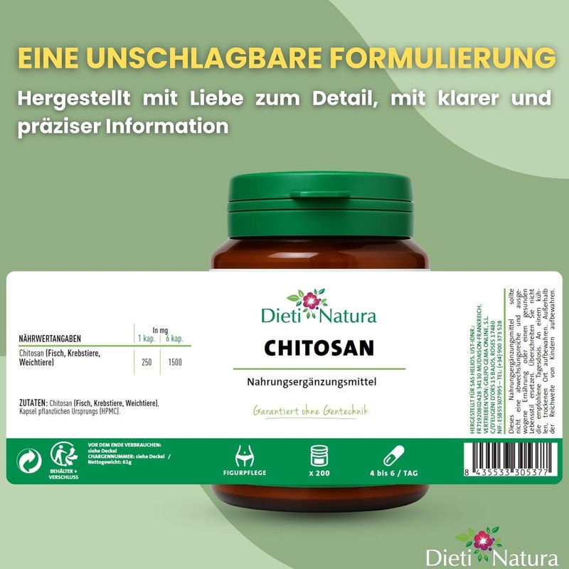 Chitosan 200 capsules by Dieti Natura. Made in France.