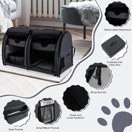 PETSITE 40 Inch Cat Carrier with Double Compartments, Portable Pet Kennel with 2 Removable Hammocks, Dual-use Mats & Litter Box, Soft-sided Cat Dog Crate with Carry Bag & Ground Stakes (Black)