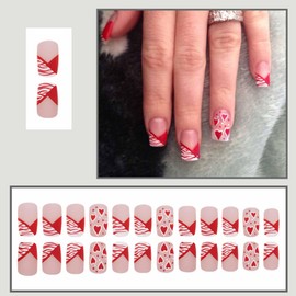 LBPEPAMZ 24Pcs Valentine's Day Press on Nails Short Square Fake Nails with Heart Designs Red Love Heart Wave French Tips Acrylic Nails False Nails Full Cover Matte Stick on Nails for Women Date Decor