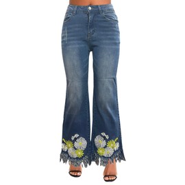Women's Flare Bells Jeans Floral Embroidery Bell Bottoms High Waisted Ankle Length Chic Stretchy Slim Comfy Bootcut Denim Pants with Fringe Blue, Medium