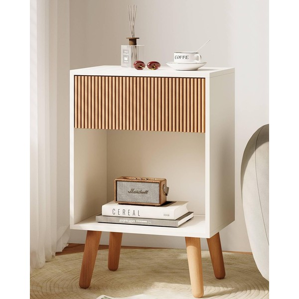 Fluted Nightstand, Modern Bedside Table with Storage Drawers and Open