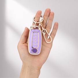 Cute Bling Key Fob Cover for Nissan 5 Buttons, Diamond Cut TPU Case with Keychain, Protective Shell for 2023 2024 Pathfinder Rogue Remote Key,Purple