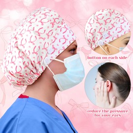 Jadive 6 Pcs Satin Lined Working Hat Coquette Bow Scrub Caps Adjustable Pink Tie Back Cover Hair Bouffant Hats with Button Sweatband for Doctor Nurse (Novelty Style)