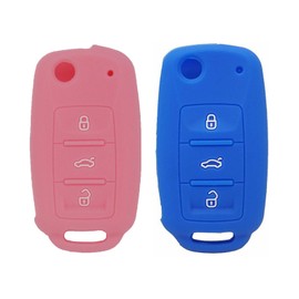 2pcs Soft Silicone Rubber Car Key Fob Cover Case Shell for VW Volkswagen Jetta GTI Passat Golf Tiguan Touareg Beetle CC Eos Key Fob, Blue Pink