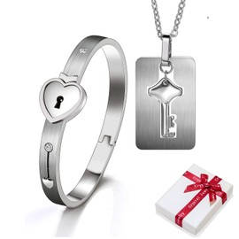 Set of 2 Bangle with Lock & Pendant Chain Key Set for Couples, Stainless Steel Heart Lock Bracelet Bracelets, Jewellery Women's Men's Necklace Chains for Couple Partner Friendship BFF Gift