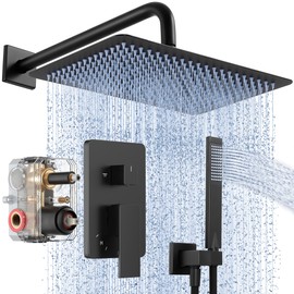 KES Rain Shower System, 12-inch Rectangle Shower Head Set, Wall mounted Shower Valve Kit, Black Shower Faucet Set with High Pressure Rain Shower and Handheld, cUPC Certified, XB6242S12-BK