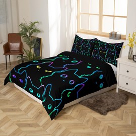 Neon Black Cat Bedding Set 135 x 200 cm for Girls Boys, Colourful Funny Cat Duvet Cover, Kawaii Room Decor, Cartoon Cat Comforter Cover for Cat Lovers, Gradient Line Bed Set, Reversible