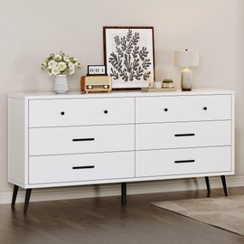 DWVO White 6 Drawers Dresser/Modern Wood Dresser Chest of Drawers with Black Metal Handle＆Anti-Tipping Device/Modern Double Storage Cabinet for Entryway/Living Room-15.7" Dx55.1 Wx31.1 H