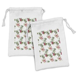 Ambesonne Hawaii Fabric Pouch Set of 2, Aquarelle Effect Palm Trees Hibiscus Flowers Romantic Summer Bloom, Small Drawstring Bag for Toiletries Masks and Favors, 9" x 6", Reseda Green Pale Pink