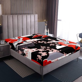 Pair of Bed Sheets in Japanese Style Cherry Blossom Decor Bed Linen for Adults Women Japanese Traditional Pattern Crane Red Bed Sheet Romantic Aesthetic Bedding Decor Set 140 x 200 cm