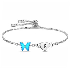 Yumioxa Butterfly Bracelets A-Z Initial Letters Women Gift Silver Jewellery For her Ladies Blue Butterfly Jewellery Birthday Anniversary Bracelets Gift (S)