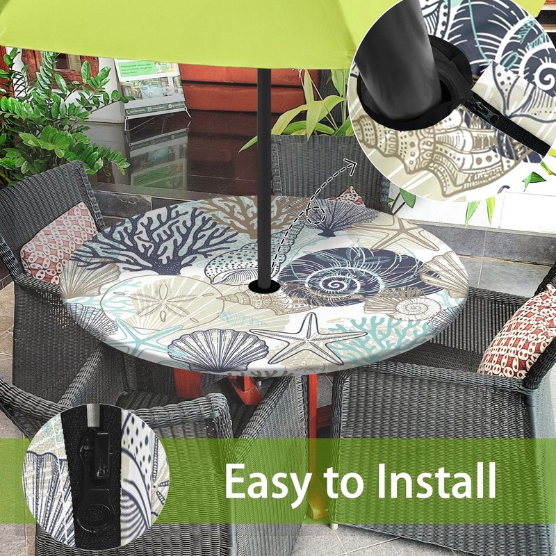 Britown Coastal Beach Round Outdoor Tablecloth with Umbrella Hole, Plaid