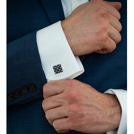 Jonwo Check Pattern Square Cufflinks for Men Dress In Gift Case Silver Tone Dark Blue Classic Men's Cufflinks Set for Wedding Party Birthday Anniversary Dress