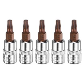 HARFINGTON 5pcs T25 Torx Bit Socket 1/4" Square Drive Star 6 Point S2 & CR-V Steel Socket Ratchet Wrench Bits, Silver Red