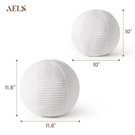 AELS Round Decorative Throw Pillows, Set of 2, 11.8"& 10" Corduroy Striped Ball Pillow Set for Couch Sofa Living Room Bedroom Nursery Decor, Mid Century Modern Home Decor, Cream White