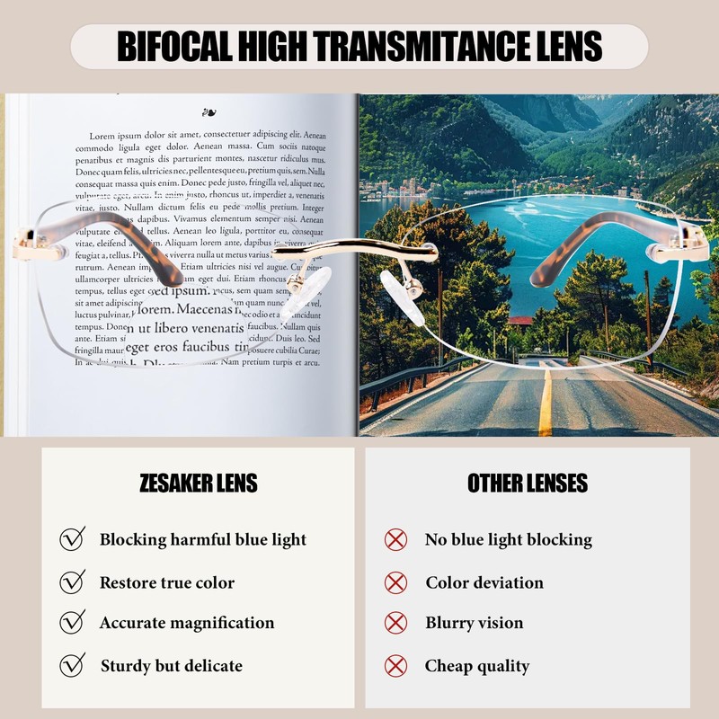 Rimless Bifocal Reading Glasses for Women Frameless Blue Light Blocking
