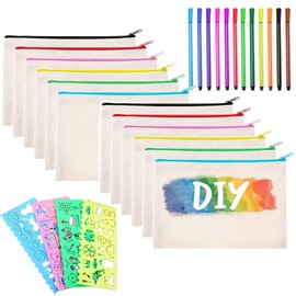 Pack of 10 DIY Blank Fabric Bags, Travel Toiletry Bag, Canvas Cosmetic Bag, Comes with 4 Drawing Templates, for Travel Make Up Bags, Storage Stationery, 12, 12 US