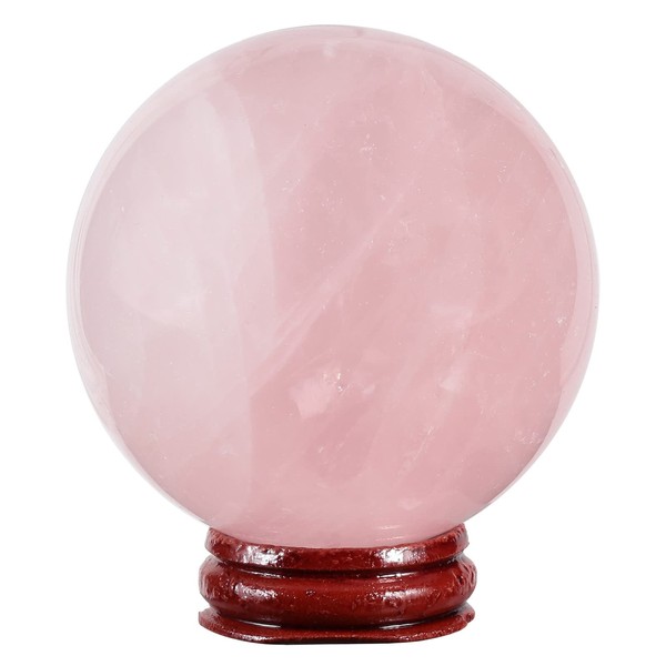 KYEYGWO Natural Rose Quartz Crystal Ball Figure with Wooden Stand, Polished Round Stone Ball Sculpture Fengshui Ornament Gemstone Fortune Telling Ball House Decor for Reiki Healing, Wicca, 60-65 mm