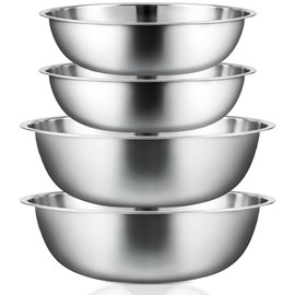 Domensi Stainless Steel Mixing Bowls Set - 4-Piece Polished Mirror Nesting Bowls 2 Pcs 8-Quart and 2 Pcs 16-Quart Flat Base Ideal for Kitchen, Cooking, Baking and Storage, Shallow