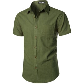 ZEROYAA Men's Fitted Cotton Linen Casual Short Sleeve Button Up Shirts Lightweight Beach Tops with Pocket Olive Green Large
