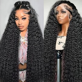 LYILYI 13x6 Water Wave lace front wigs human hair 200% Density Full 12A Transparent HD Lace Frontal Wig Pre Plucked with Baby Hair Glueless Wigs Human Hair Pre Plucked Pre Cut Natural Black 26 Inch