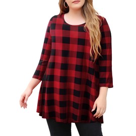 MONNURO Womens 3/4 Sleeve Tops Casual Loose Fit Swing Plus Size Tunic Blouse Basic Shirts(Plaid Red,1X)