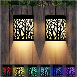 DenicMic Solar Wall Lights Outdoor Wall Sconce Fence Lighting for Patio Front Door Yard Deck Stair Led Forest Decorative Lamps, Waterproof, Warm White/Color Changing (2 Pack)