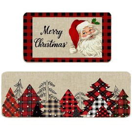 Baccessor Merry Christmas Kitchen Mats Set of 2,Buffalo Plaid Santa Claus Christmas Trees Low-Profile Welcome Floor Mat 17x29 and 17x47 Inch Home Seasonal Winter Xmas Holiday Decoration