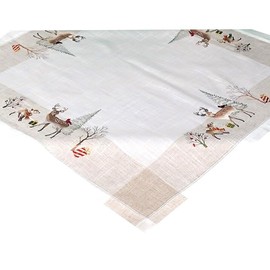 Tablecloth Table Runner Doilies Cushion Cover Autumn Winter Christmas 15% Linen Beige Embroidered with Deer and Trees (85 x 85 cm)