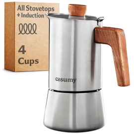 Cosumy Espresso Maker - Moka Pot 4 Cups (200ml) Induction-Safe - Stainless Steel for All Hobs - FSC Wood