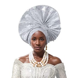 JRZXTWL Nigerian hat Handmade Brocade Folding Fan Gorgeous African Women's Headscarf hat, Suitable for Wedding Parties (US, Numeric, 5 1/8, 6 1/4, White)