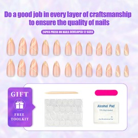 MUZOXEN French Tip Press on Nails Medium, Rainbow Swirl Almond Fake Nail Designs, Acrylic Full Cover Stick on Artificial Nails With Glue for Women 24Pcs