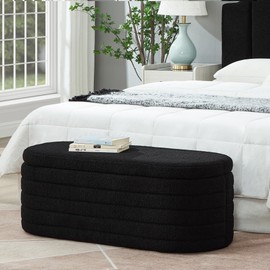 YOPTO Modern Oval Storage Ottoman Bench,Upholstered End of Bed Stool with Safety Hinge for Bedroom, Living Room, Entryway,Teddy Fabric,Black