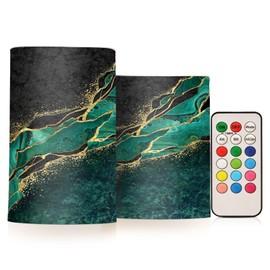 Nander Green Gold Marble Texture Flameless Candles,LED Pillar Candles with Remote Control and Timer, Radiance Candles,Set of 2（Without Battery）