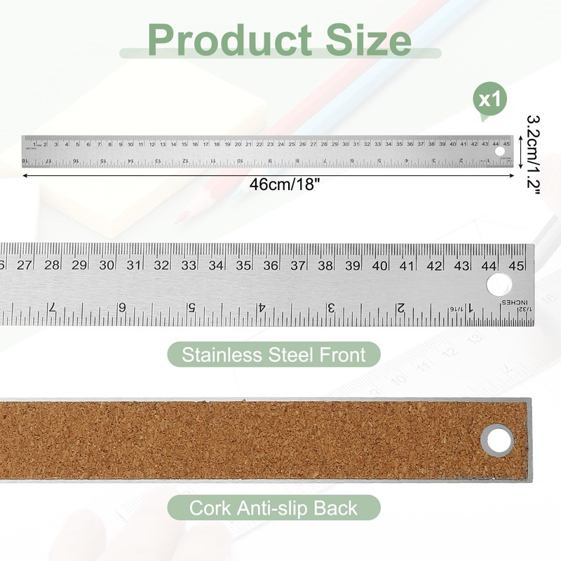 PATIKIL Stainless Steel Ruler Cork Backed, 18 Inch Straight Edge