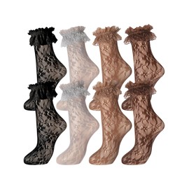 Geyoga 4 Pairs Women's Lace Ankle Socks Ruffle Frilly Mesh Cute Dress Socks for Women Ladies Princess Accessories(Black,Grey,Dark Brown,Light Brown,Size 5-9)